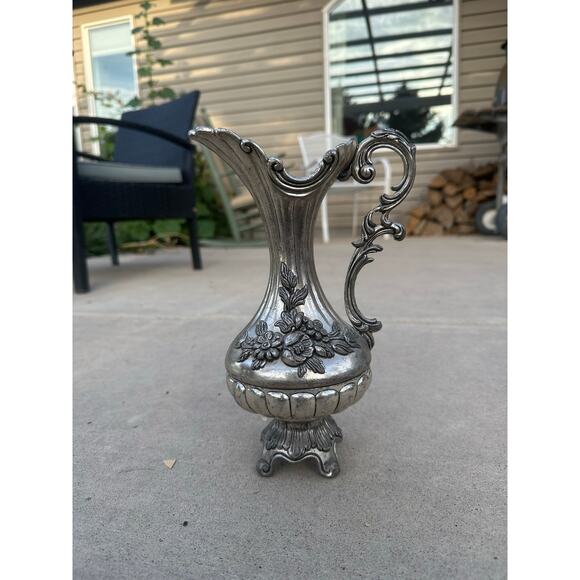 Italian Silver finish Pitcher decor vase floral Romatic scrolling baroque Italy - Picture 5 of 7